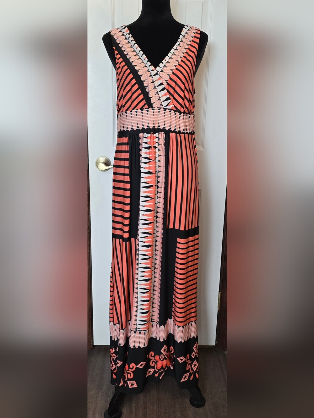 Blooming Rose Maxi Dress Orange Black Geometric Print
